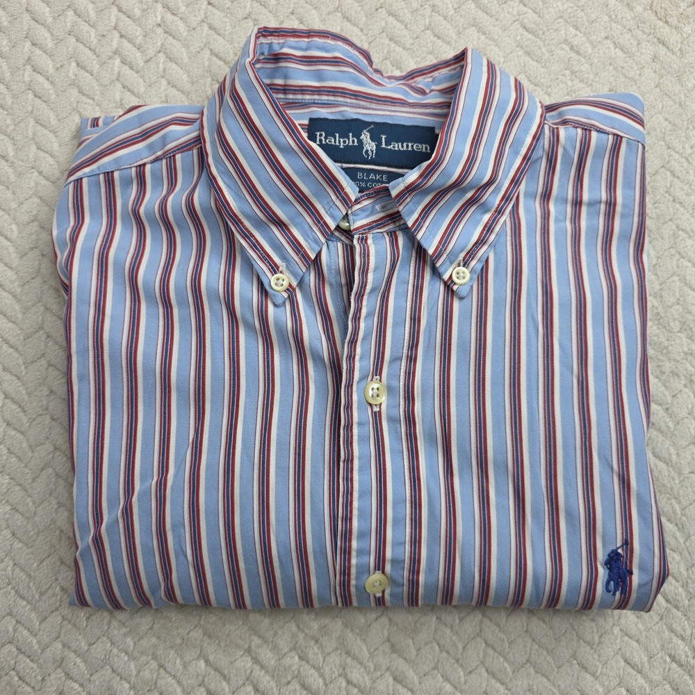 Vintage Ralph Lauren Blake Mens Medium Blue Red Striped Cotton Button Down Shirt - Picture 9 of 10
